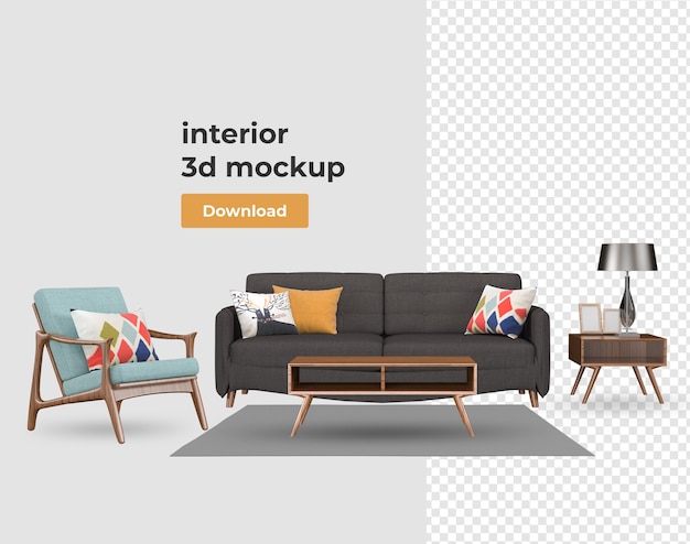 Set of interior decoration in 3d rendering