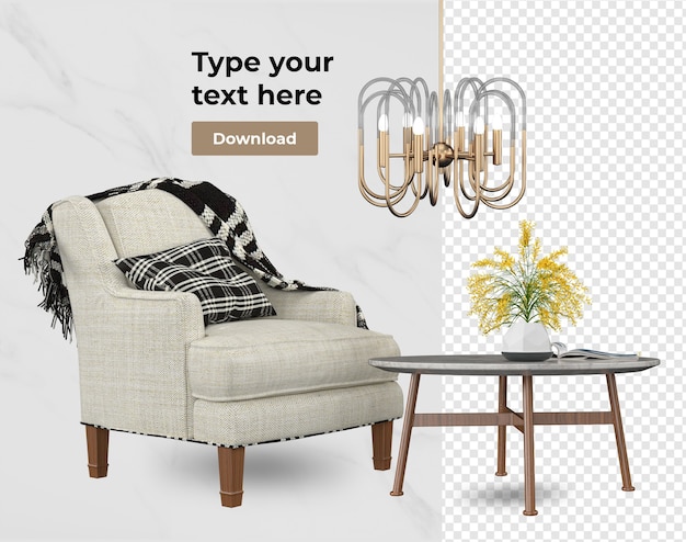 PSD set of interior decoration in 3d rendering