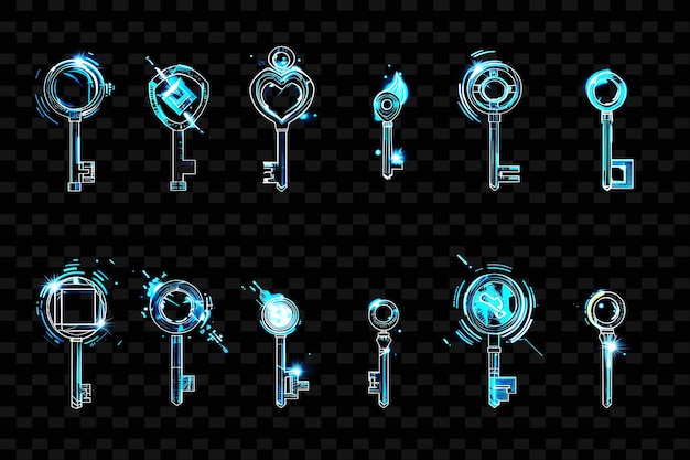 PSD a set of key icons with swirling luminescence in pixelated s png iconic y2k shape art decorative