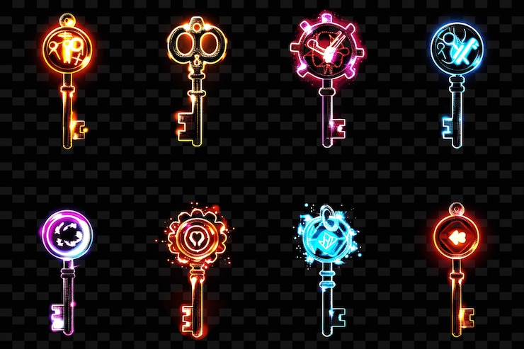 PSD a set of key icons with swirling luminescence in pixelated s png iconic y2k shape art decorative