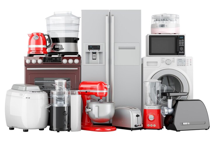 Set of kitchen appliances 3D rendering isolated on transparent background