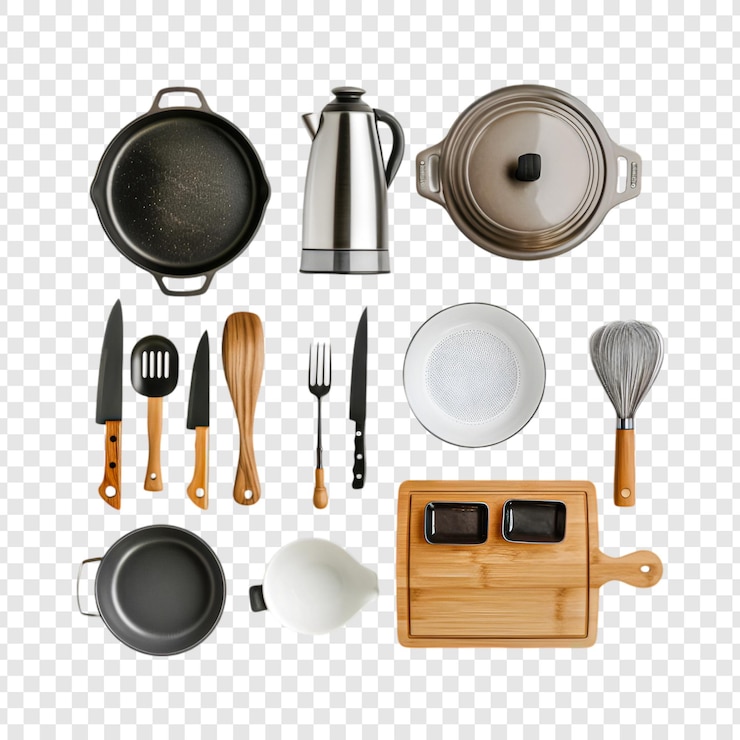 PSD a set of kitchen utensils and a wooden spoon isolated on transparent background