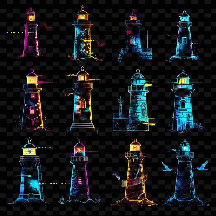 PSD a set of lighthouses with different colors and shapes