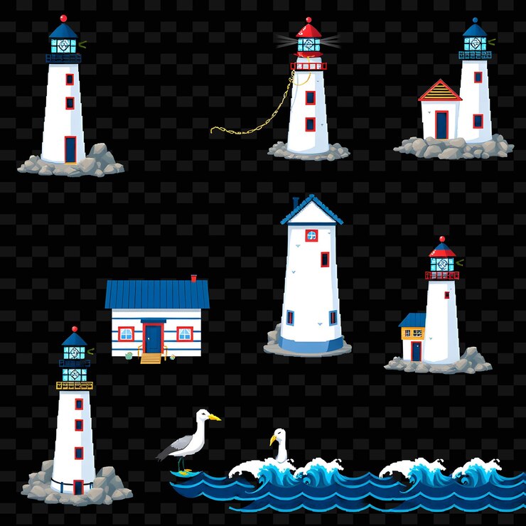 PSD a set of lighthouses with a sign that says quot seagulls quot on the top
