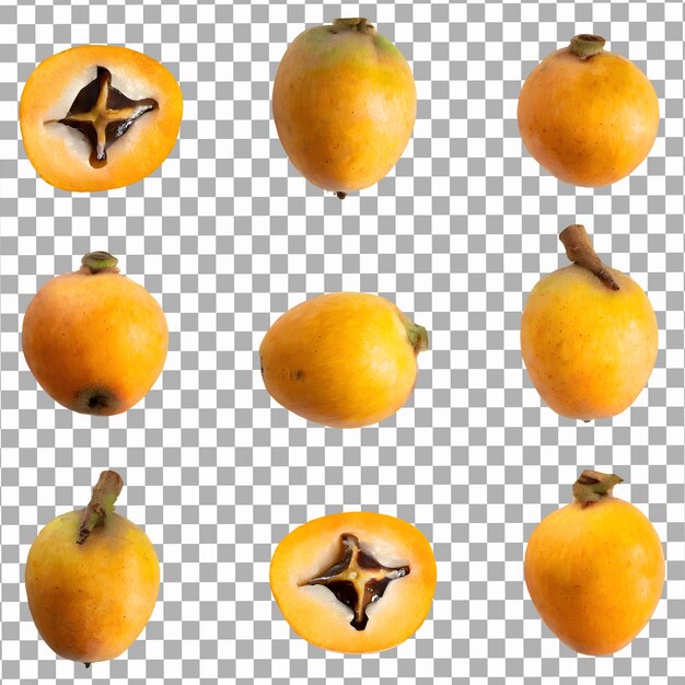 PSD set loquat fruit en gesneden op geïsoleerde transparante achtergrond