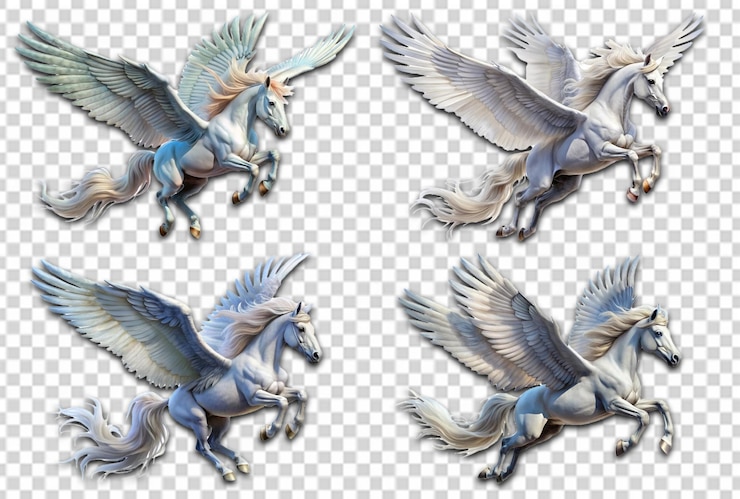 PSD set of majestic white winged horse pegasus in flight png