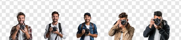 Set of man smiling while holding camera on transparency background png