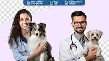 PSD set of man and woman veterinarian with dog a banner for the international day of veterinary medici
