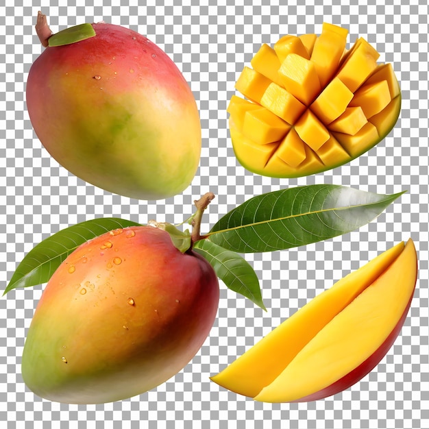 PSD set mango fruit and sliced with leaves png on isolated transparent background