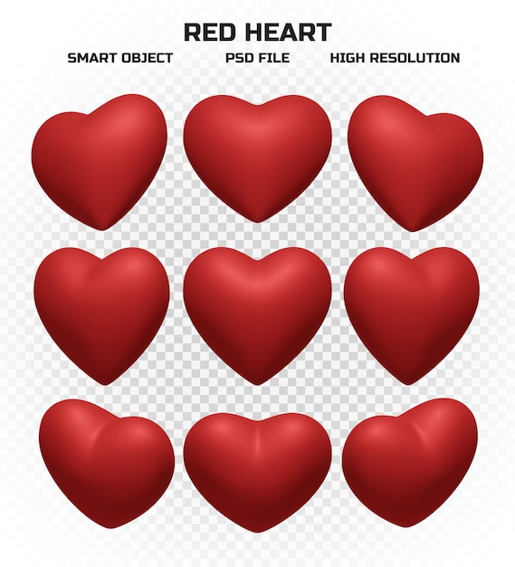 PSD set of matte red hearts in high resolution with many perspectives for decoration