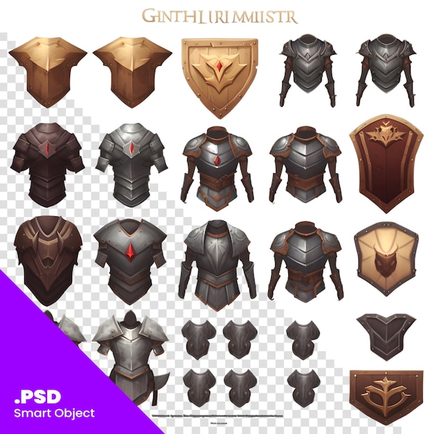 PSD set of medieval armor shields and helmets vector illustration in cartoon style psd template