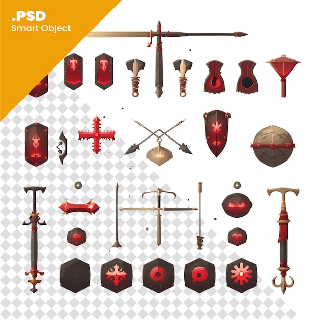 Set of medieval weapons and armor vector illustration in cartoon style psd template