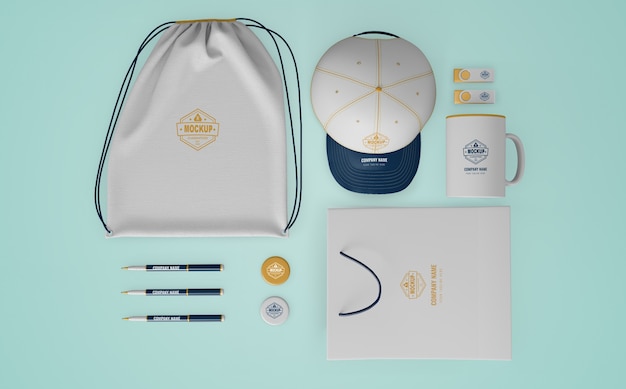 Set of merchandising products with company logo