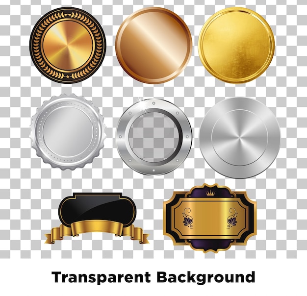 Set met metalen badges en etiketten