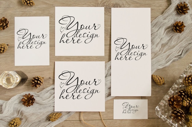 Set of mockups in warm brown tones with pine cones, runner on a wooden