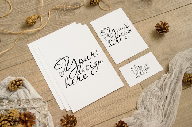 Set of mockups in warm brown tones with pine cones, runner on a wooden