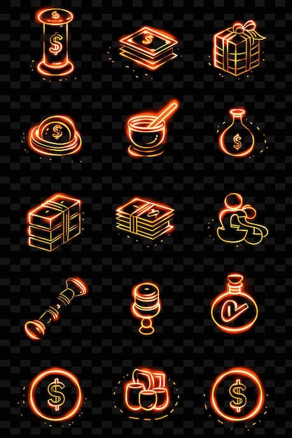 PSD a set of money icons with glowing outline in 16 bit pixel ar png iconic y2k shape art decorative
