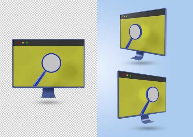 Set di icone del monitor e della lente d'ingrandimento che cercano nel browser 3d render psd file