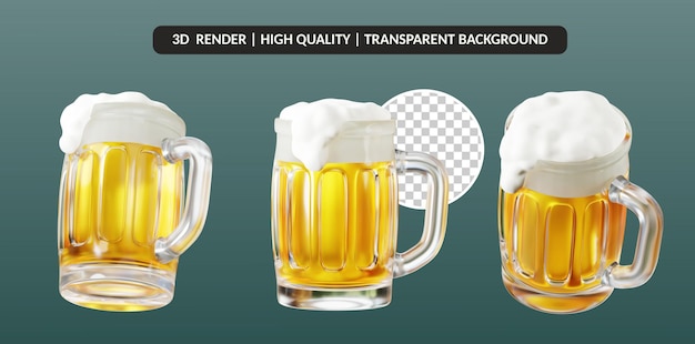 PSD set of mugs of beer with foam 3d rendering