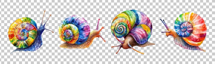 PSD set of multicolored snail watercolor isolated on transparent background