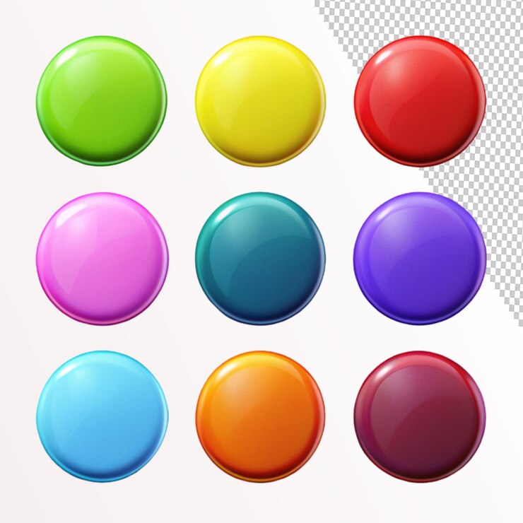 PSD set of nine blank colorful round buttons for webs on transparent background