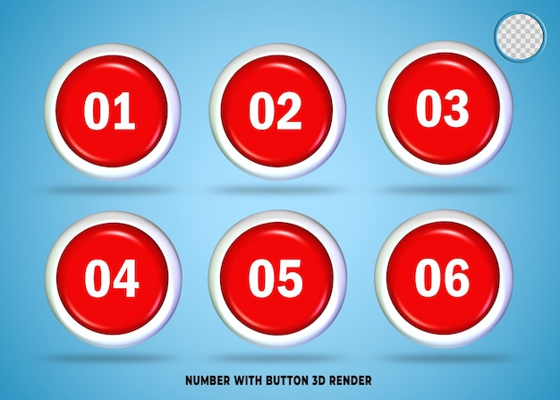 PSD set number button red white color 3d render