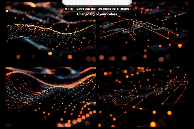 set of 3d rendering of abstract computer data with glowing dots and lines