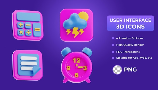 PSD 웹 및 모바일 앱을위한 3d 렌더링 사용자 인터페이스 아이콘 세트 기상 노트 계산기 시계