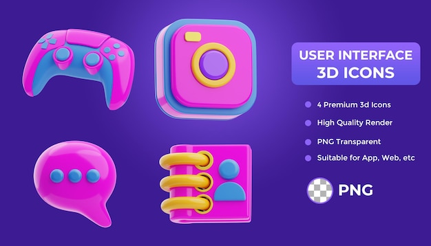 PSD 웹 및 모바일 앱을위한 3d 렌더링 사용자 인터페이스 아이콘 세트 게임 카메라 메시지 연락