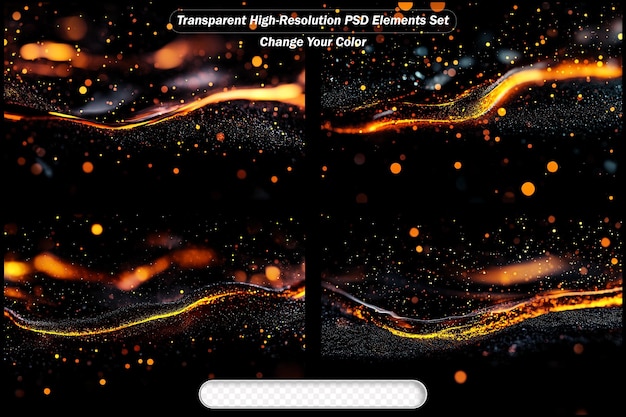 set of abstract gold color digital particles with dust and light background