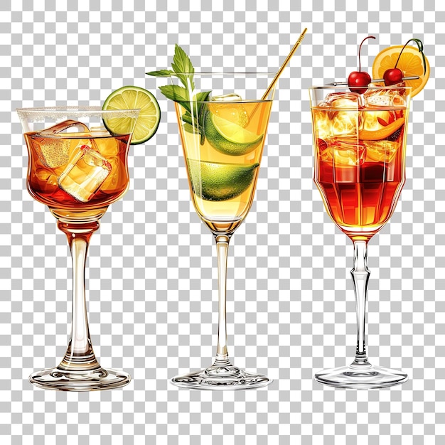 PSD Набор алкогольных коктейлей, изолированных на прозрачном фоне