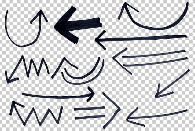 Set of arrow sign drawn with black marker on transparent background