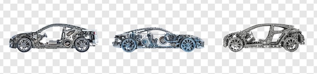PSD Набор коллажных электрических автомобилей, сделанных из различных глубоко нарисованных частей из металла на прозрачном фоне