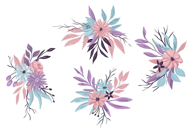 set of colorful flower elements flat illustration isolated on white background
