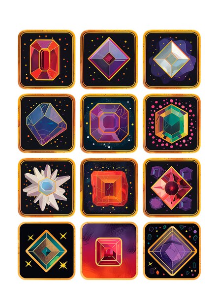 Set of colorful gemstone UI buttons with gold frames