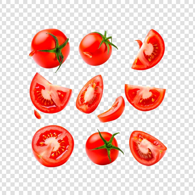PSD set of cut or sliced and full red tomatoes on a transparent background