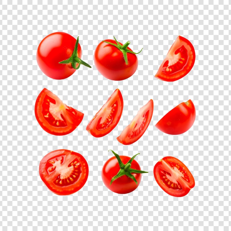 PSD set of cut or sliced and full red tomatoes on a transparent background