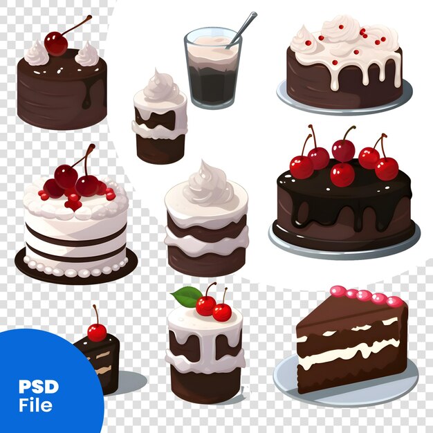 PSD Набор различных пирогов со сливками и вишнями векторная иллюстрация psd шаблон
