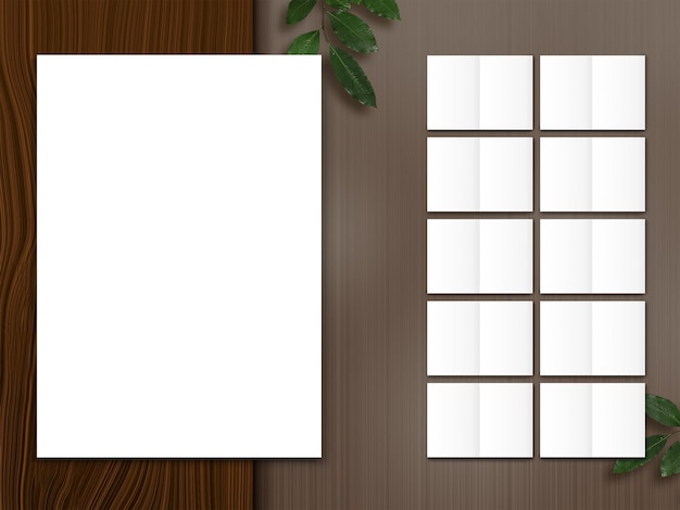 PSD 갈색 나무 질감 배경에 빈 bi 접기 브로셔 템플릿 레이아웃 및 녹색 잎의 집합