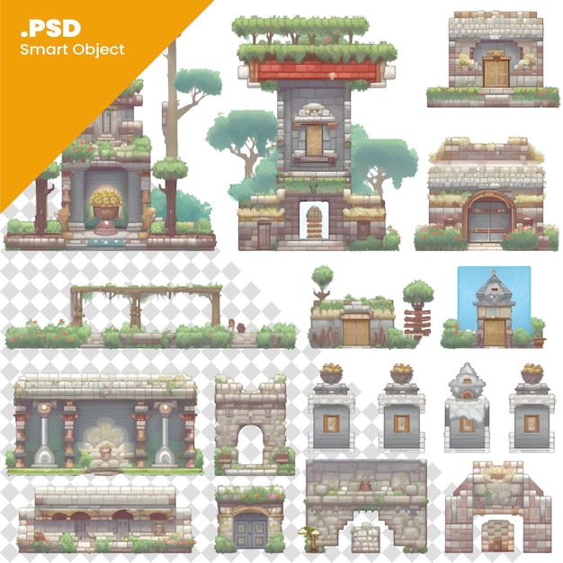 PSD 白い背景に隔離されたファンタジー中世の建物のセット ベクトルイラスト psd テンプレート