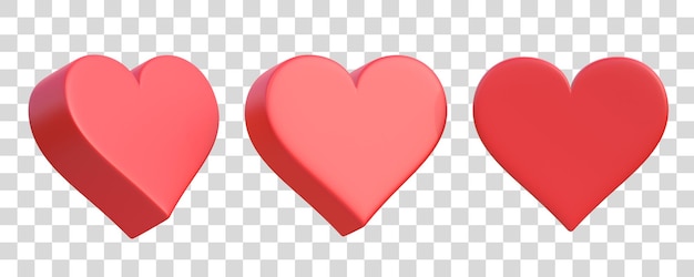 Set of flat red hearts isolated on white background Like sign 3D render illustration
