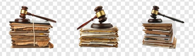 PSD set of gavel on stack of folders on transparency background png