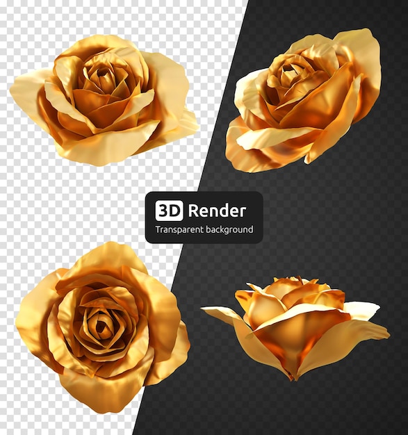 Set of golden rose flower buds 3d render isolated