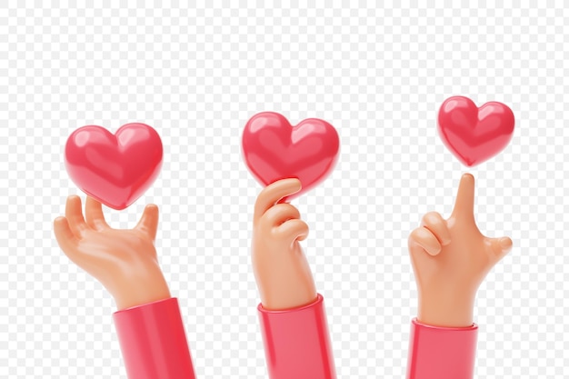 PSD Набор рук, держащих розовые сердца, дарит сердцам валентинки знак любви или символ мультфильма 3d иллюстрация