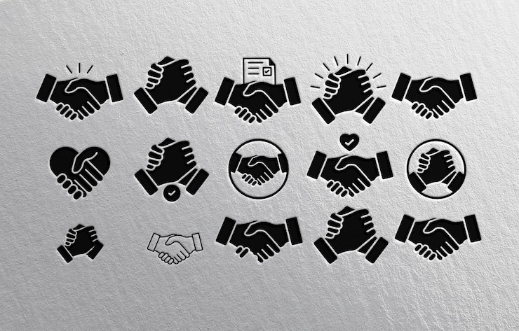 PSD set of handshake icons representing agreement cooperation and partnership in various styles