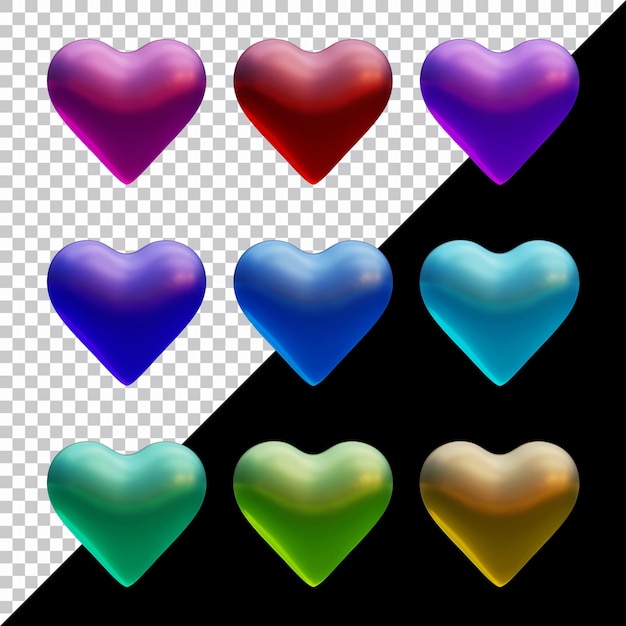 Set of heart icons or love symbol shapes in 3d render