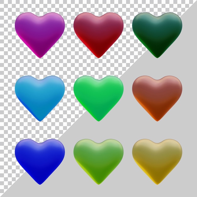 Набор иконок сердца или формы символа любви в 3d рендеринге