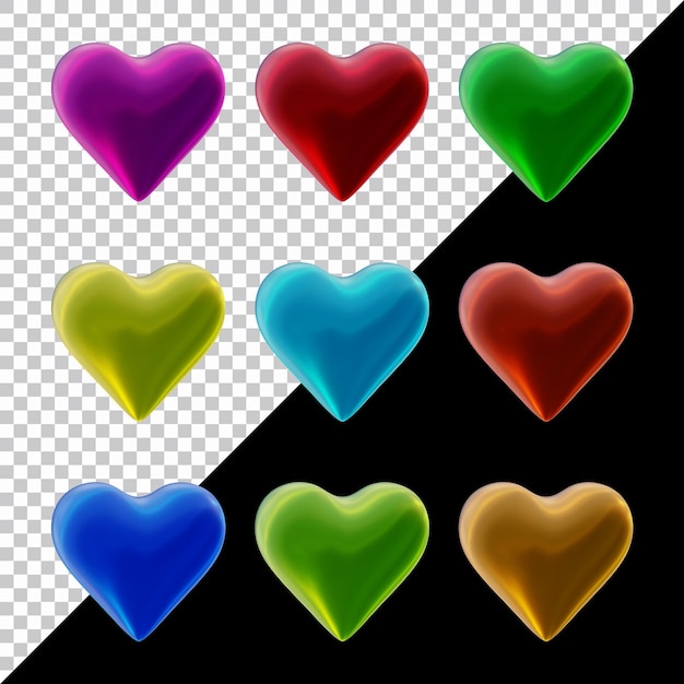 Set of heart icons or love symbol shapes in 3d render