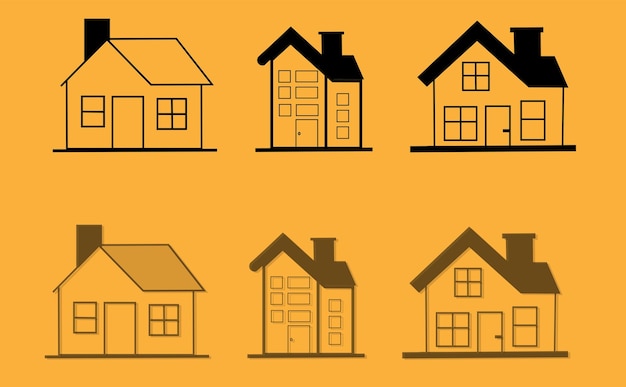Set of House Icons in Outline and Filled Style on Orange Background