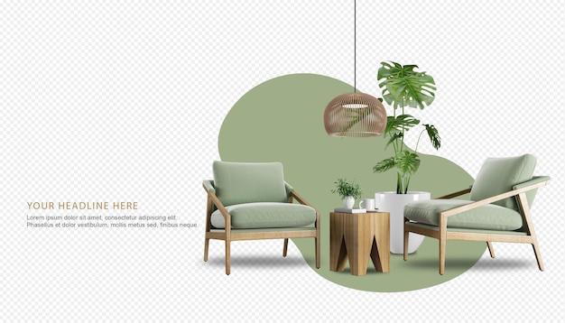 PSD Комплект внутренней мебели в 3d-рендеринге